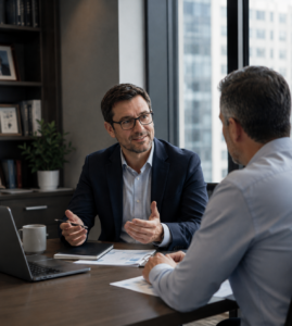 alt="FMO for independent agents meeting with an insurance advisor in a modern office"