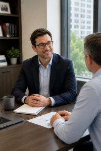 alt="FMO for independent agents meeting with an insurance advisor in a modern office"